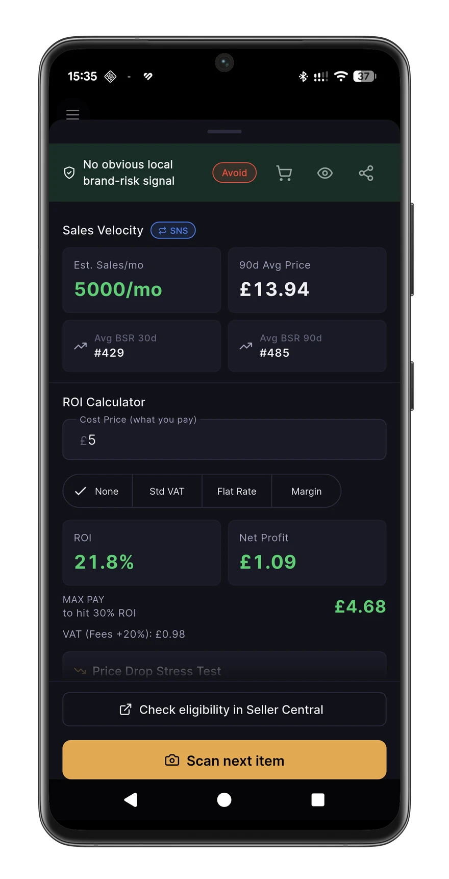 Real Axivelo screen: sales velocity 5000/mo, 90-day average price, BSR, ROI calculator with VAT schemes and a Scan next item button.