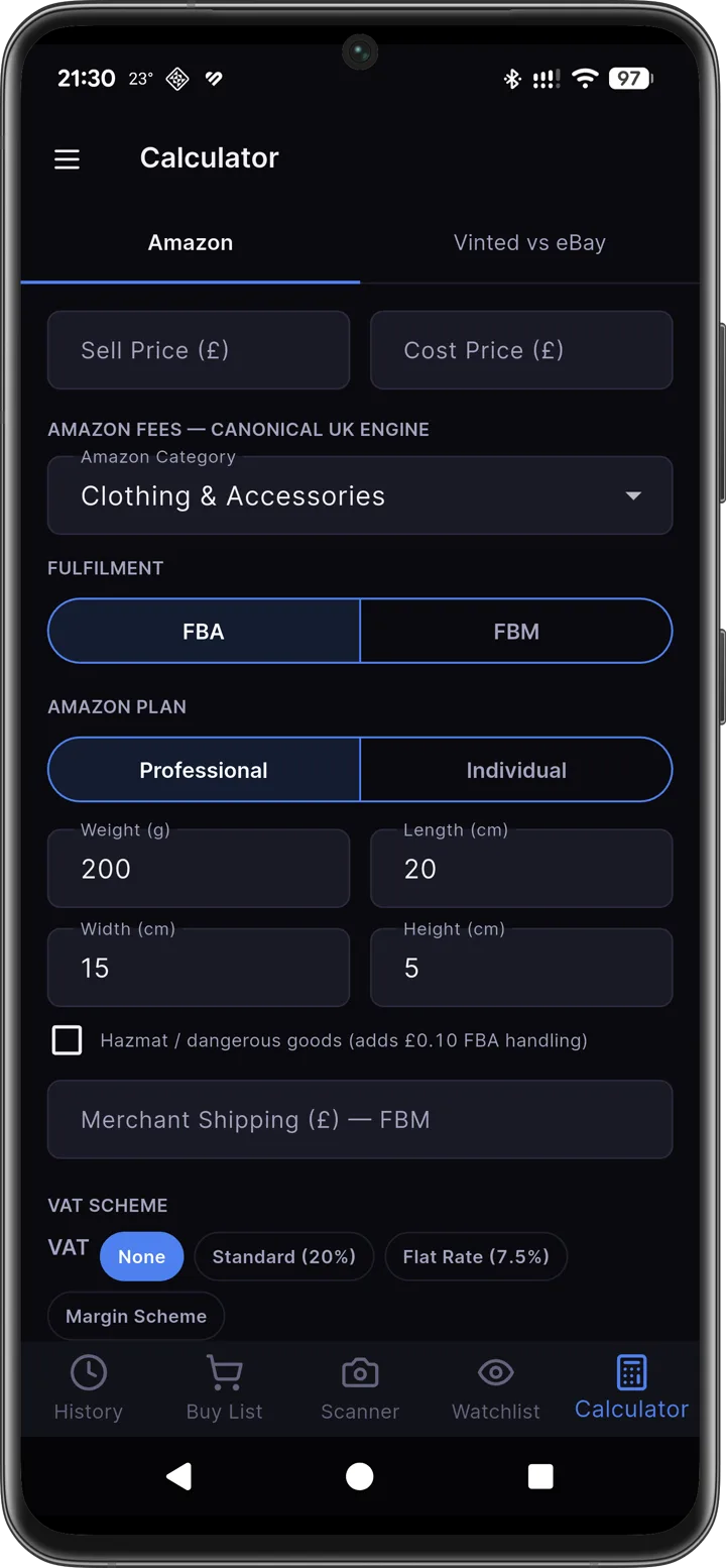Axivelo in-app FBA calculator with UK fees and VAT modes