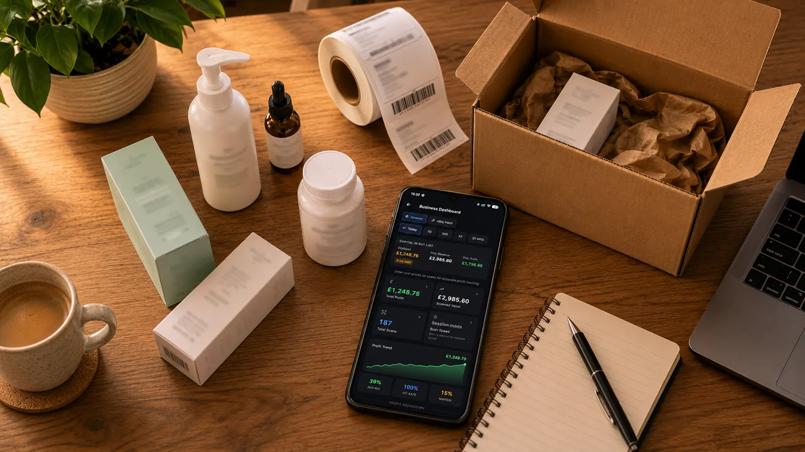 Illustration: preparing an Amazon FBA shipment at home with sourcing dashboard open