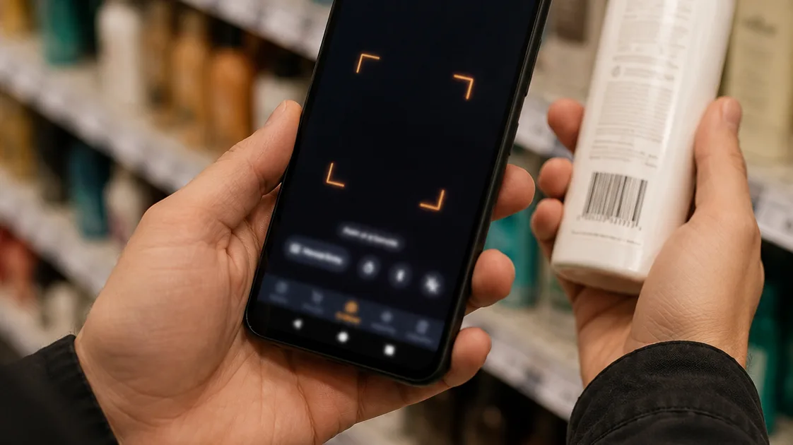 Scanning a product barcode with the Axivelo app in a UK supermarket aisle