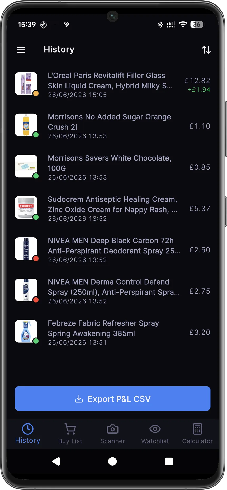 Scan history with colour-coded buy verdicts in the Axivelo app