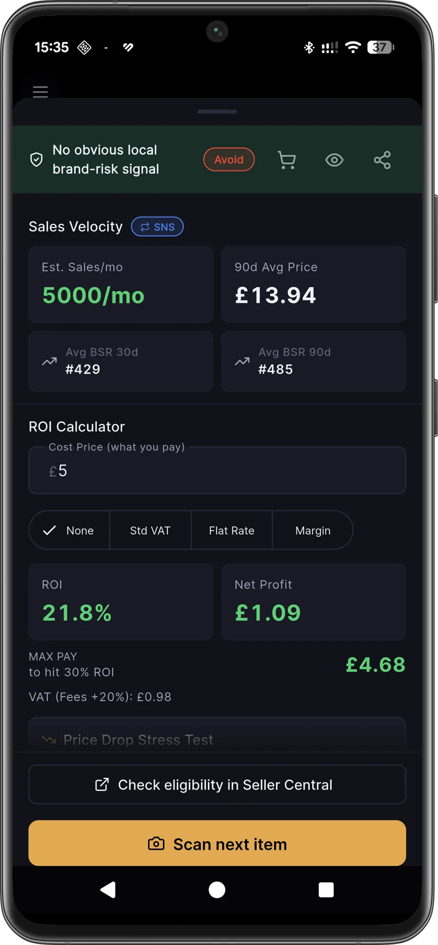 Axivelo scan result showing estimated sales, ROI, net profit and maximum buy price