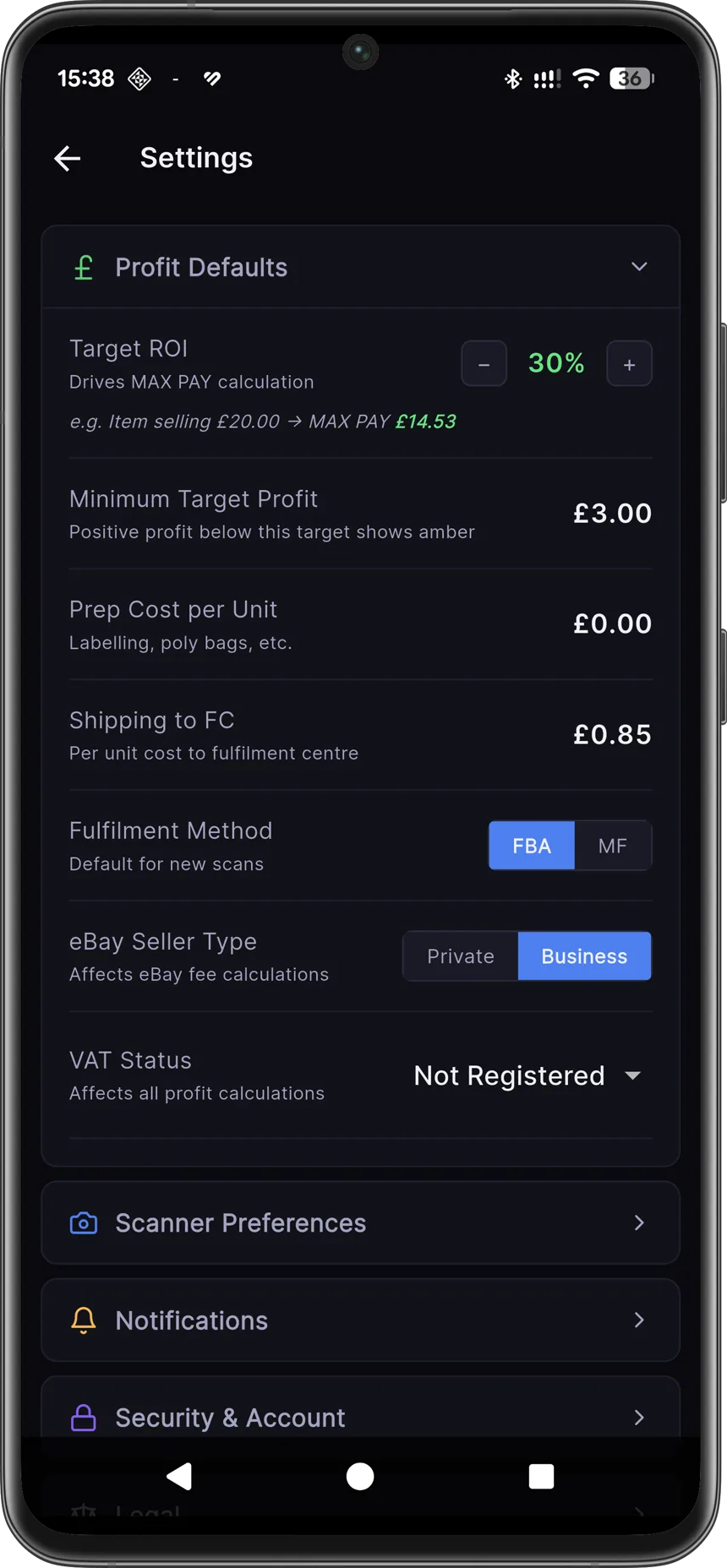 Profit rules in Axivelo settings: 30% target ROI and minimum profit per unit