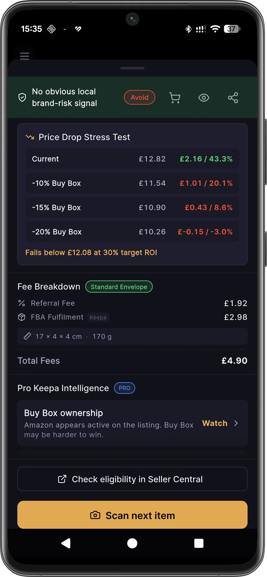 Price drop stress test and Amazon fee breakdown in the Axivelo app