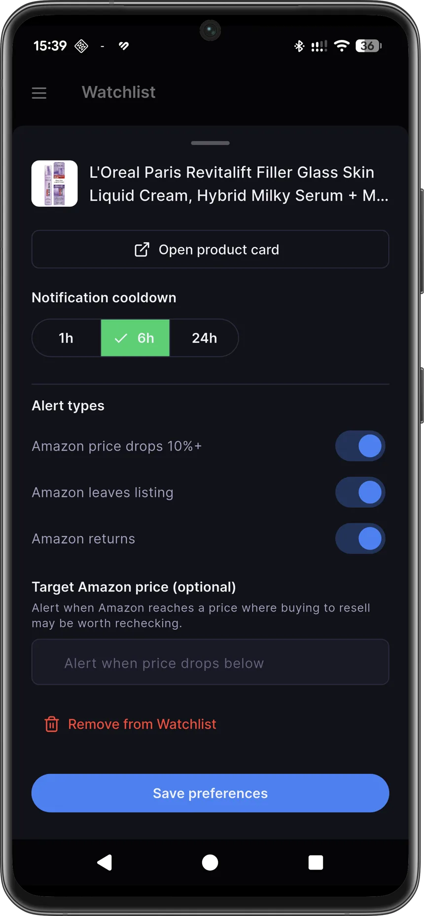 Watchlist alerts for Amazon price drops and Amazon leaving a listing