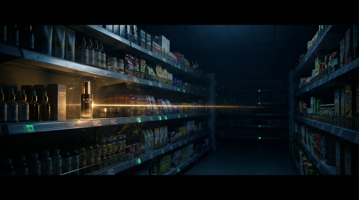 A dark supermarket aisle at night, one product lit by an amber scanning beam.